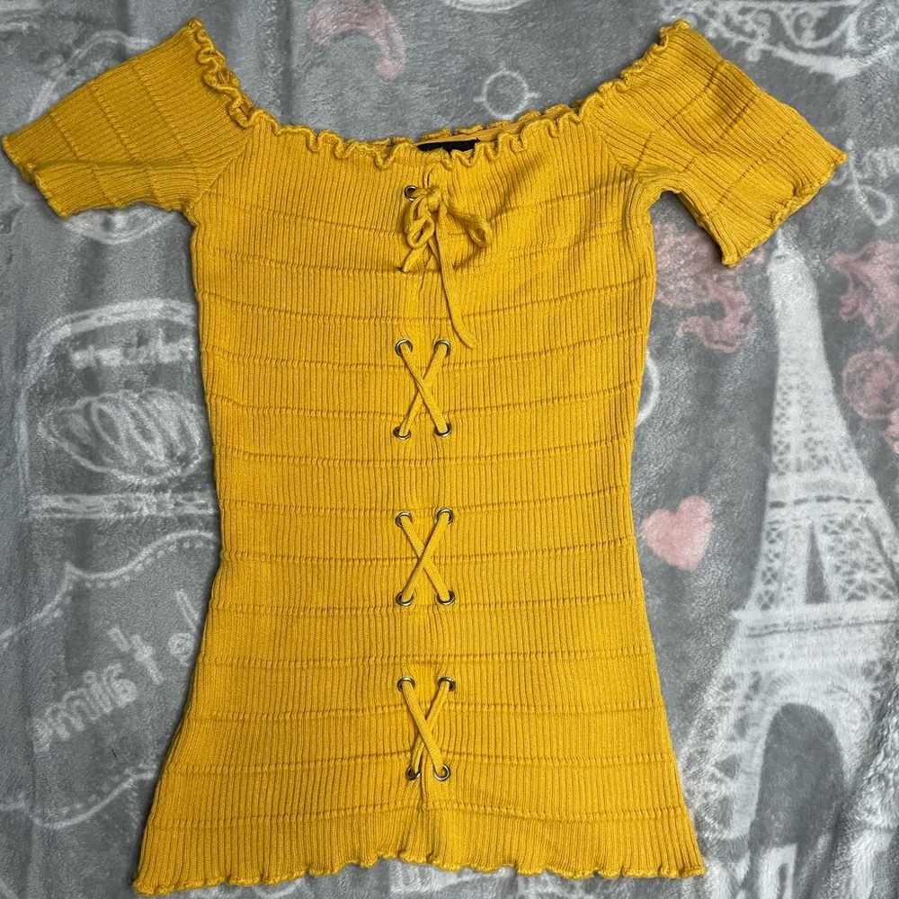 Yellow ambience off the shoulder top, size small
